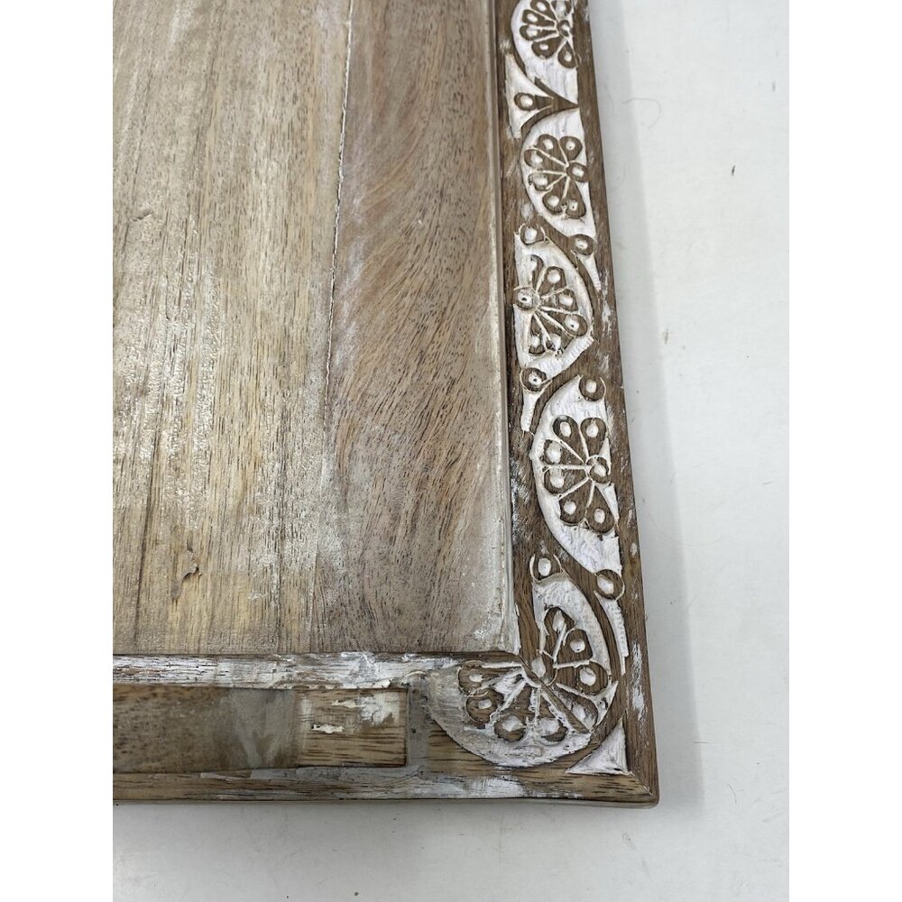 RUSTIC Carved Wooden Serving Tray Rectangular 17x12 With 2 Handles India - Picture 4 of 8